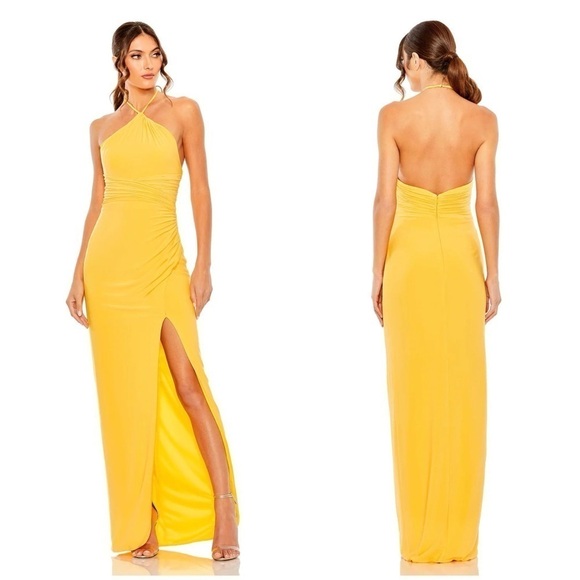 IEENA FOR MAC DUGGAL Halter Neck Ruched Side Front Slit GownIn Marigold - Picture 1 of 9